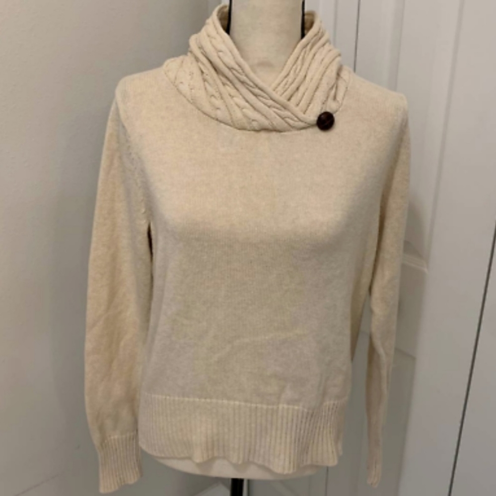 Jeanne Pierre cream knit pullover sweater, cowl neck, button accent